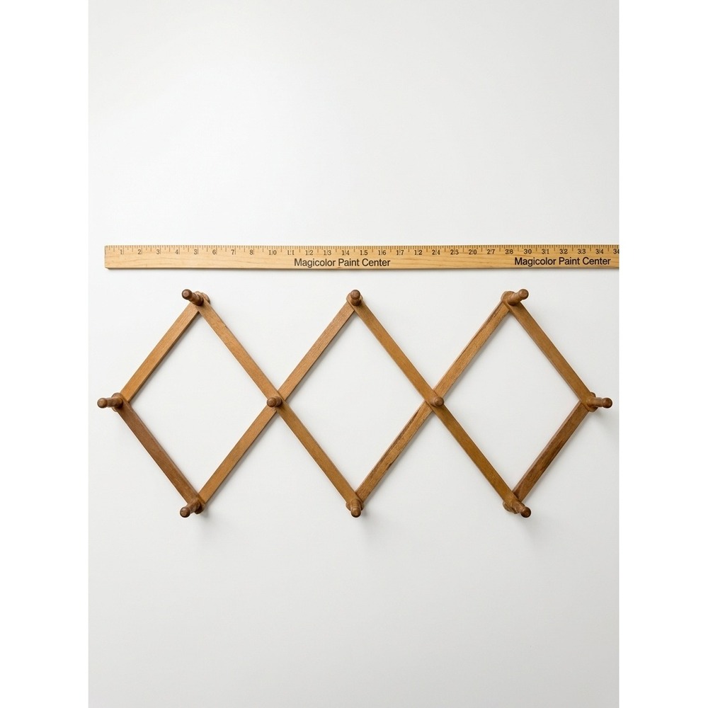 Vintage Accordion Wood Wall Rack Brown Excellent 10 Pegs Mugs Coat